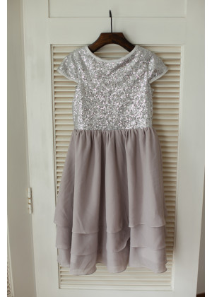 Cap Sleeves Silver Sequin Gray Chiffon Boho Flower Girl Dress